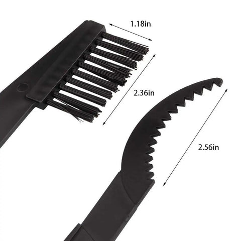 Close-up of All In One Chain Cleaner Tool Set with precise measurements, featuring brush heads for motorcycle and bicycle maintenance.