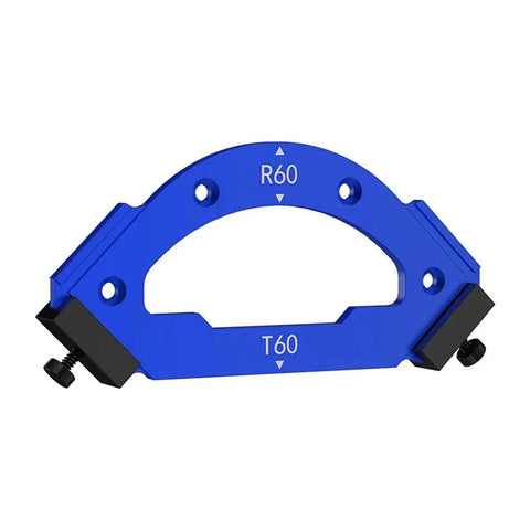 Precision Round Corner Radius Template And Woodworking Router Jig in blue, guiding curved cuts with R60 and T60 markings.