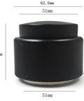 Heavy Duty 304 Stainless Steel Coffee Tamper And Espresso Distributor With Gravity Adaptive Design For Dead On Tamping And Zero Fuss Home Barista Shots Straight Out Of Your Kitchen Cabinet, showing measurements and black finish.