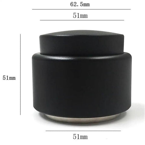 Heavy Duty 304 Stainless Steel Coffee Tamper And Espresso Distributor With Gravity Adaptive Design For Dead On Tamping And Zero Fuss Home Barista Shots Straight Out Of Your Kitchen Cabinet, showing measurements and black finish.