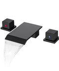 Waterfall Bathroom Sink Faucet Set Matte Black Sleek Widespread 8 Inch Deck Mounted 3 Hole Basin With 2 Square Handles High Flow