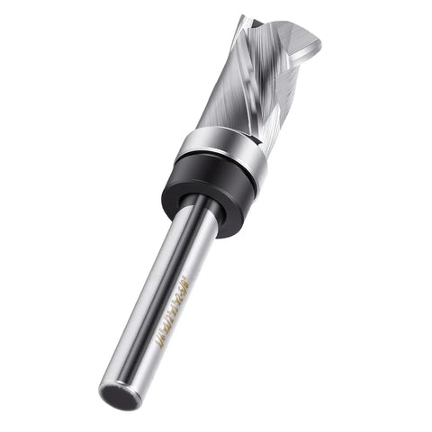 GOTOTOP Spiral Flush Trim Router Bit For Woodworking Pros With 1/2 Inch Shank close-up showing tungsten carbide tip and spiral design.