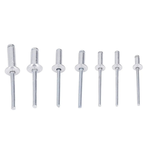 Assorted sizes of 180Pcs Blind Rivet Flange Aluminum Alloy Assortment Kit With Six Size Rivets For Soft Materials on white background