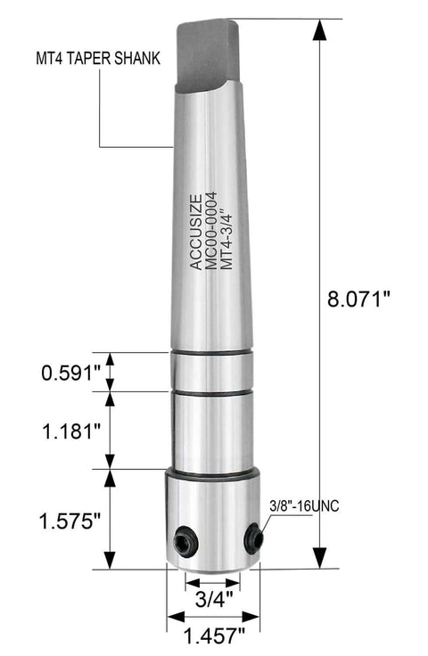 Front view: magnetic drill annular cutter arbor with MT4 taper and 3/4 in Weldon shank, Accusize.