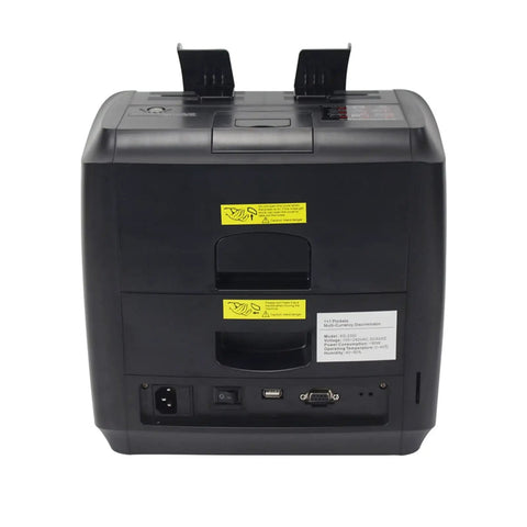 Heavy Duty Paper Money Scanner Featuring Legit Fake Currency Detection And Effortless Two Pocket Sorting For Hustling Shop Owners Running Their Daily Grind Right Now, back view showing dual pockets and connections.
