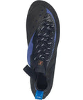 Top view of Sirius Lace Climbing Shoes with grippy RS rubber outsole offset lacing for a custom fit, blue and black, size 9.5