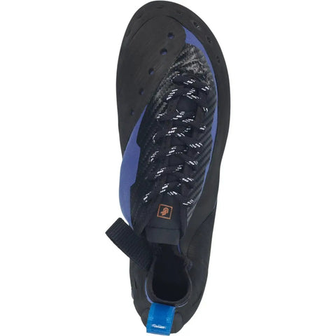 Top view of Sirius Lace Climbing Shoes with grippy RS rubber outsole offset lacing for a custom fit, blue and black, size 9.5