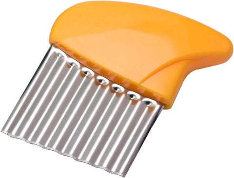 Yellow plastic-handled crinkle cutter with stainless steel wavy blade for potatoes and vegetables, close-up