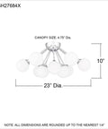 Diagram of Nine Light Polished Chrome Semi Flush Mount Ceiling Light With Opal Glass Orbs, dimensions included, sleek modern vibe.