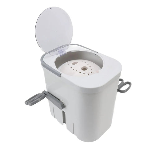 Manual Hand Crank Clothes Washer Portable Laundry Tumbler For RV Campers Apartments And Dorms Ditch The Plug No Electricity Needed Durable Plastic Tub open lid and inner basket view.