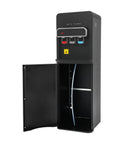 Bottom Loading Water Cooler Dispenser For 5 Gallon Bottle With Cold Warm And Hot Settings, cabinet open showing interior space.