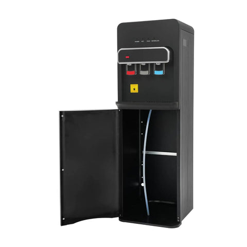 Bottom Loading Water Cooler Dispenser For 5 Gallon Bottle With Cold Warm And Hot Settings, cabinet open showing interior space.
