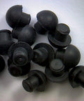 Small Rubber Push In Mushroom Bumpers Set Of Eight For Three Sixteenth Inch Openings, black rubber material, scattered on surface.