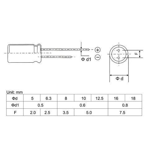1000uF 16V Aluminum Electrolytic Capacitors Pack Of 25 Built To Take The Heat Up To 105 Degrees Celsius With Operating Range Minus 40 To 105C For TV Audio Speakers Digital Cameras And Home Appliances, radial lead size chart, mm