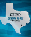Texas outline with TEMCo Industrial logo and 'Quality Tools Since 1968' text on blue background.