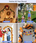 Festive all-year balloon arch display for Six Foot Arch Backdrop Stand; metal frame adorned for Christmas, Easter, Thanksgiving, Halloween