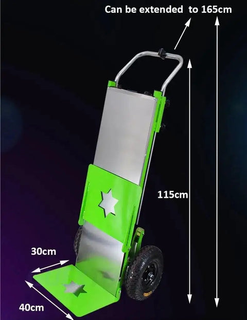 Huge 250kg Electric Stair Climber Dolly With 850W Motor, extended height showing measurements of 165cm and sturdy green design.