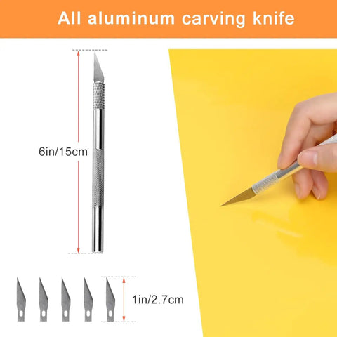 Nine Piece Car Window Tint Tools Kit With Blue Rubber Squeegee And Soft Cloth White Card Squeegee Yellow Corner Squeegee Black Fish Shape Squeegee Mini Pink Squeegee Tint Removal Blade Carving Knife And 500ml Spray Bottle For Easy Film Install showing all aluminum carving knife with interchangeable blades