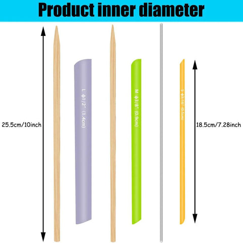 YEQIN quick turn fabric set, 3 tube turners for sewing; front view with assorted sizes in wood and plastic