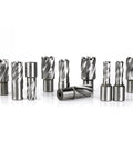 Front view of 13-piece OSCARBIDE annular cutter set with Weldon shanks and pilot pins, diameters 7/16-1-1/16 in.