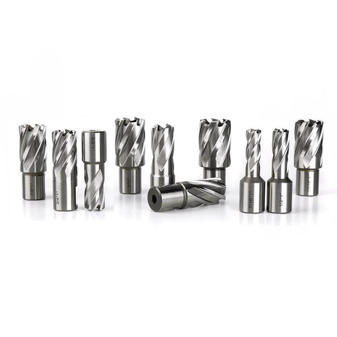 Front view of 13-piece OSCARBIDE annular cutter set with Weldon shanks and pilot pins, diameters 7/16-1-1/16 in.