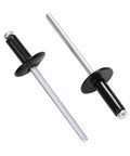 Two black Beefy Heavy Duty Large Flange Aluminum Blind Rivets For Metal Three Sixteenth Inch By Five Eighth Inch Grip Four Point Eight By Sixteen Millimeter Pop Rivets Pro Grade 50 Piece Pack DIY Projects And Repairs