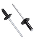 Badass Grip 50 Pack 3/16 x 3/8 Large Flange Black Aluminum Blind Rivets for Metal Sheet with steel mandrel and open end design.