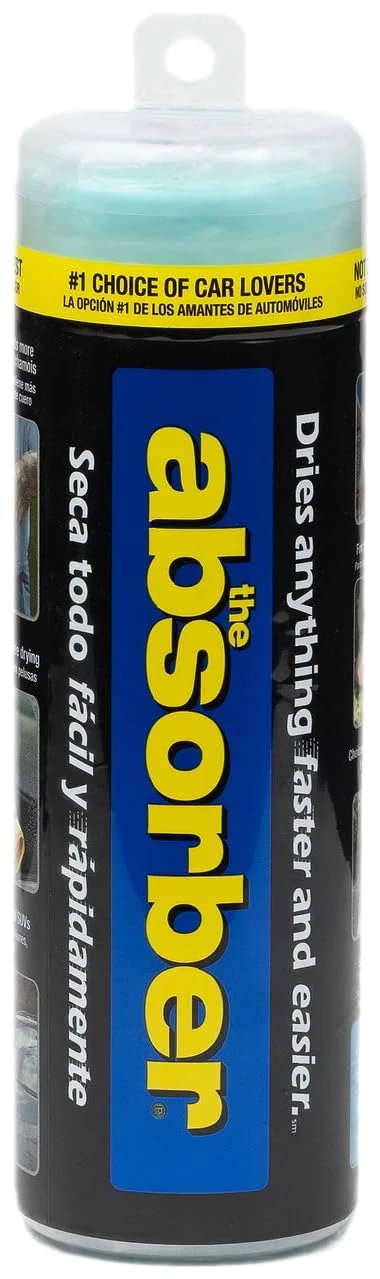 The Absorber car-drying chamois, large aqua synthetic cloth; 27x17 in, in packaging with absoben branding