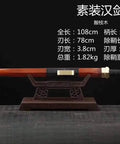 Fully Handmade Damascus Steel Folding Blade Sword With Rosewood Scabbard And Brass Fittings on display stand
