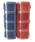 Two Pack Screw Organizer Storage Bins With Lids, Grab And Go Stackable Plastic Hardware Box For Garage Nails And Craft Tools, 4 Compartments, Clear Tops, Works On Tool Carts And Workbenches, shown in blue and red with clear lids.