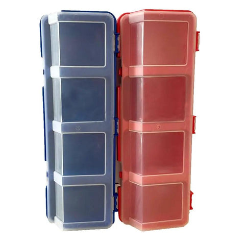Two Pack Screw Organizer Storage Bins With Lids, Grab And Go Stackable Plastic Hardware Box For Garage Nails And Craft Tools, 4 Compartments, Clear Tops, Works On Tool Carts And Workbenches, shown in blue and red with clear lids.