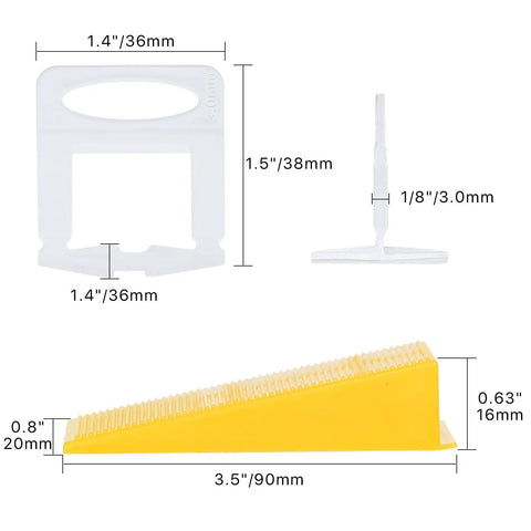 Dimensions of clips and wedge from All In One Tile Leveling System With Pliers And Spacers Kit Including 600 Clips 200 Reusable Wedges And 1 Rubber Mallet Stone Tile Tools Set For Fast Easy Install DIY Friendly Grout Joints From One Eighth To One Half Inch Tiles