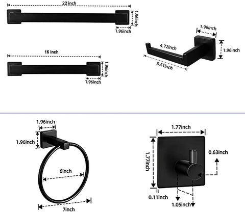 Dimensions of Matte Black 9 Piece Bathroom Hardware Set with 22 Inch and 16 Inch Towel Bars, Toilet Paper Holder, Towel Ring.