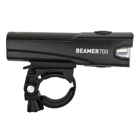 Beamer 700 Bike Headlight black side view showing USB C rechargeable feature and five-mode button