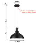 Industrial Black Pendant Lights For Hallway And Kitchen Island Farmhouse Style Hanging Light Fixture with adjustable cord, dimensions shown.