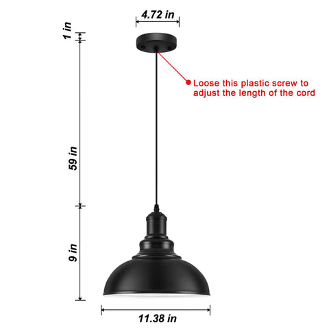 Industrial Black Pendant Lights For Hallway And Kitchen Island Farmhouse Style Hanging Light Fixture with adjustable cord, dimensions shown.