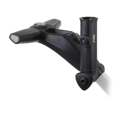 All Terrain Remote Controlled Electric Golf Caddy With Quick Zip Fold Setup view of ergonomic handle with drink holder mount.