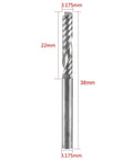 Front view of 1/8-inch shank end mill bit, single flute carbide, 38 mm overall length with 3.175 mm diameter
