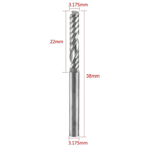 Front view of 1/8-inch shank end mill bit, single flute carbide, 38 mm overall length with 3.175 mm diameter