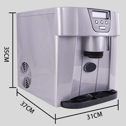 Top Shelf Countertop Automatic Ice Dispenser With Food Grade Abs Shell And Fast 12 To 15kg Production For Hassle Free Home Mixology Smooth Touch Buttons, side view dimensions 37x31x35CM.