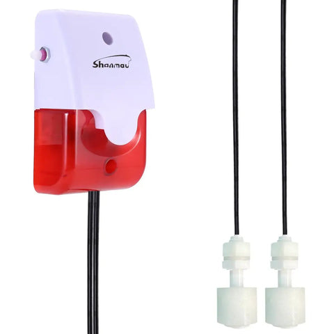 Dual Water Level Alarm Sensor With 120 dB Red Strobe Siren, Adjustable Volume, 16.4ft Probe Cord, shown with two floating probes