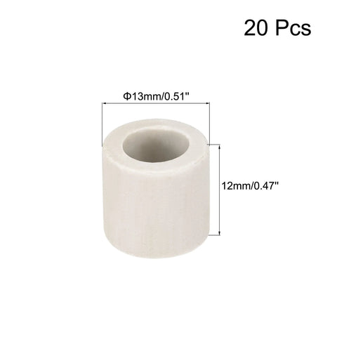 White ceramic tube insulator with a single hollow bore; outer diameter 13mm, height 12mm.