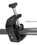 Close-up of Universal C-Clamp Aluminum Desk Mount Holder Stand with rubber cover and screw mechanism, black finish.