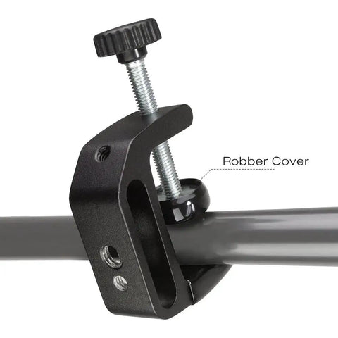Close-up of Universal C-Clamp Aluminum Desk Mount Holder Stand with rubber cover and screw mechanism, black finish.