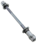 Ride Ready Heavy Duty 180mm Bicycle Rear Hub Axle M10 Silver with conical lock nut, washer kit, and electroplated finish