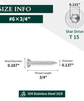 Number 6 X 3/4 Inch Flat Head Torx T15 Self Tapping Screws For Wood And Sheet Metal dimensions and specifications