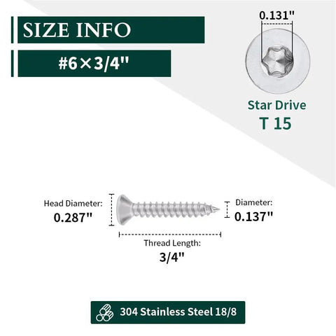 Number 6 X 3/4 Inch Flat Head Torx T15 Self Tapping Screws For Wood And Sheet Metal dimensions and specifications