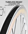 Carbon Disc Brake Wheelset For Road Bikes 700c Tubeless Ready showing 50mm rim depth and measurements