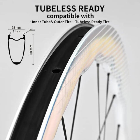 Carbon Disc Brake Wheelset For Road Bikes 700c Tubeless Ready showing 50mm rim depth and measurements