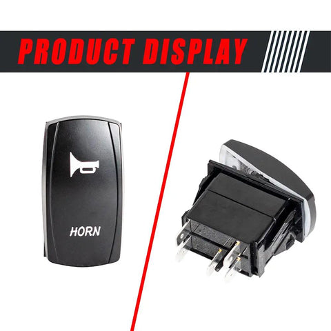 12V UTV Horn Kit with Blue Rocker Switch for Polaris, close-up on horn switch design and connectors, weatherproof and anti-flame